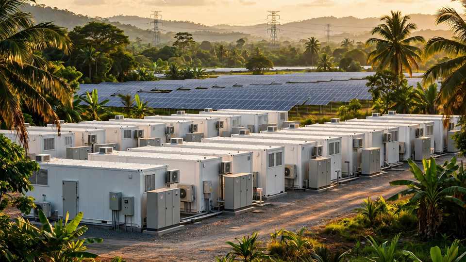 Containerised battery storage units beside a solar farm in Southeast Asia